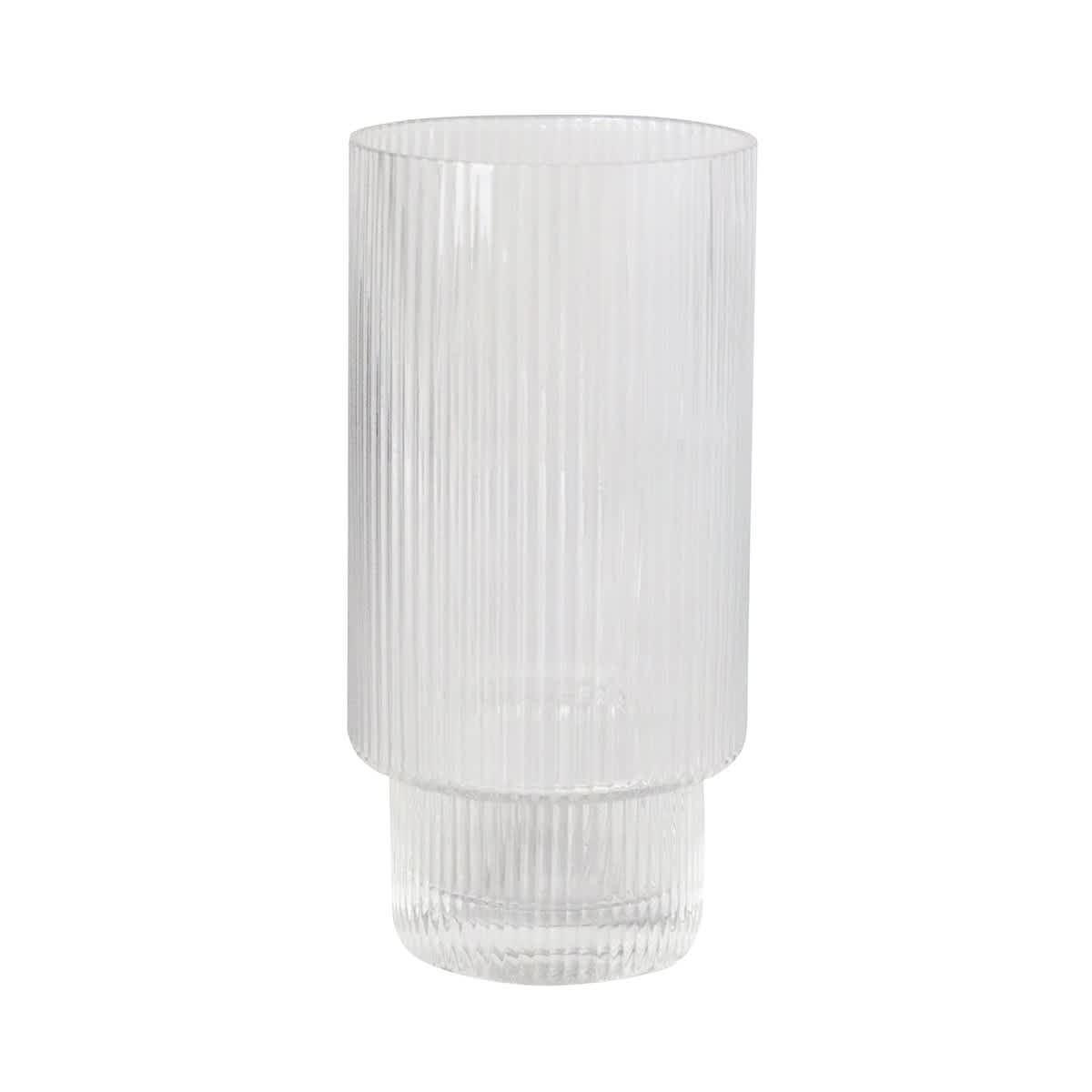Clear ribbed highball glass featuring vertical stripes, with a wider base and a tall cylindrical shape.