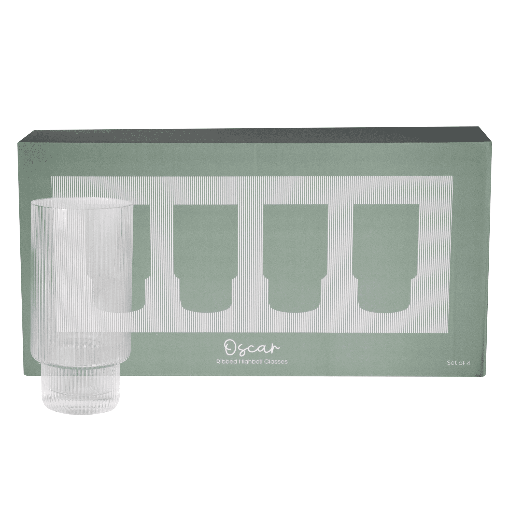A set of four ribbed highball glasses in clear glass, packaged in a green box with a logo.