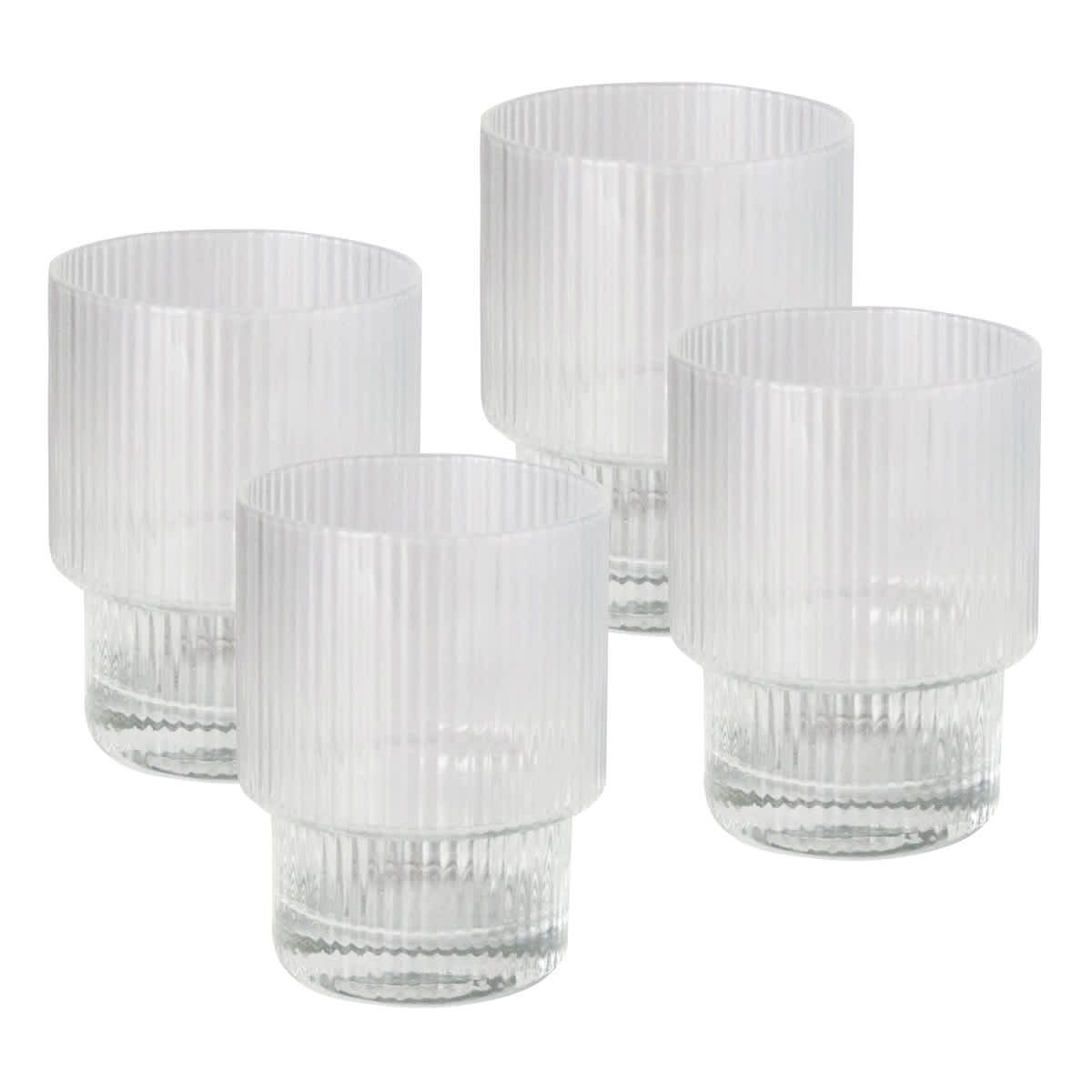 A set of four clear ribbed glass tumblers with a textured design and short bases.