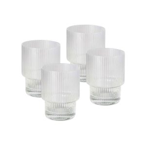 Four ribbed glass tumblers in clear glass, featuring a textured design and solid bases.