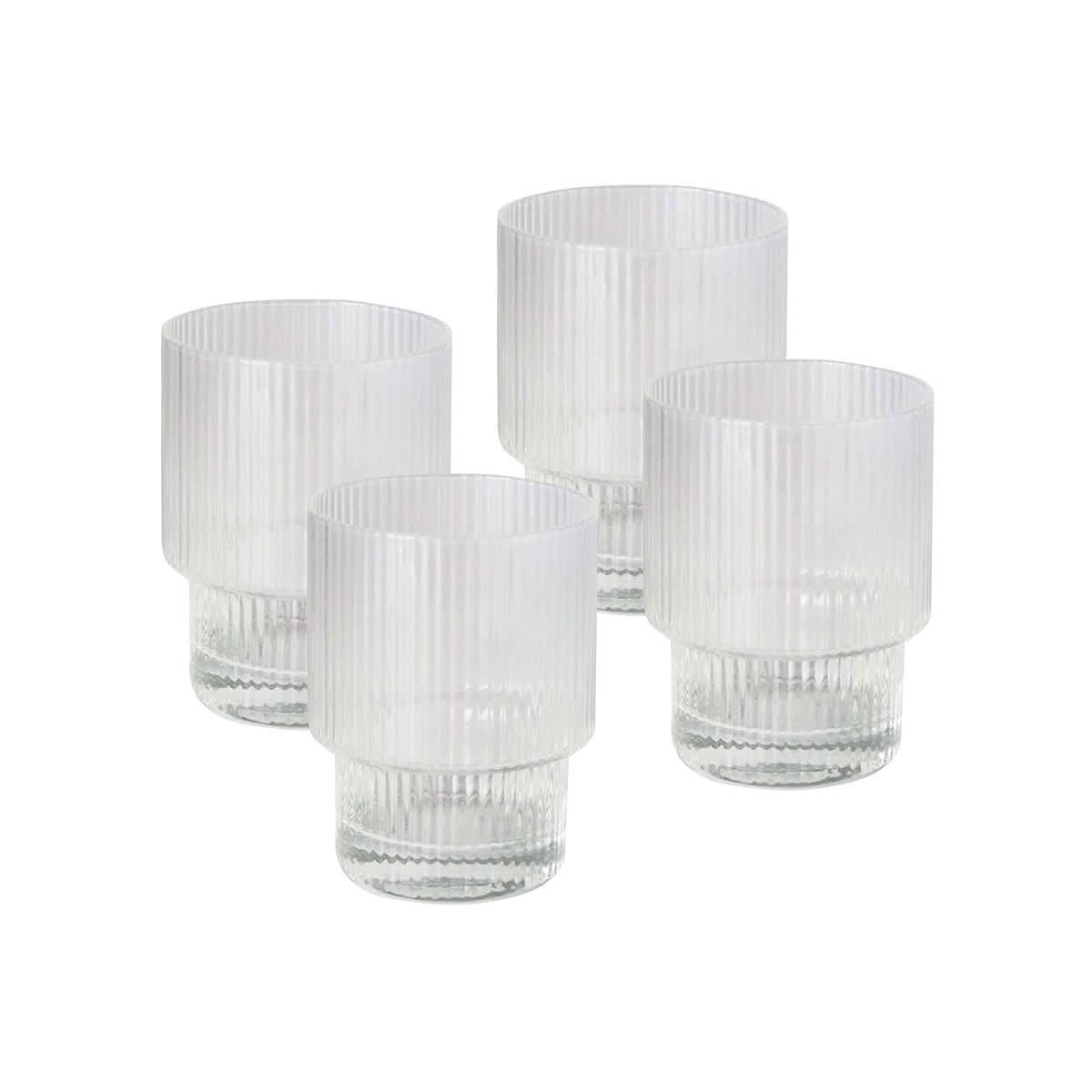 Four ribbed glass tumblers in clear glass, featuring a textured design and solid bases.