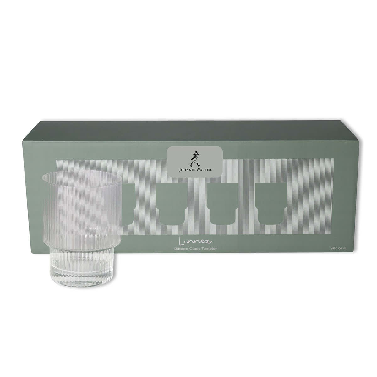 A set of four clear ribbed glass tumblers in a packaging box. The tumblers feature a textured design.