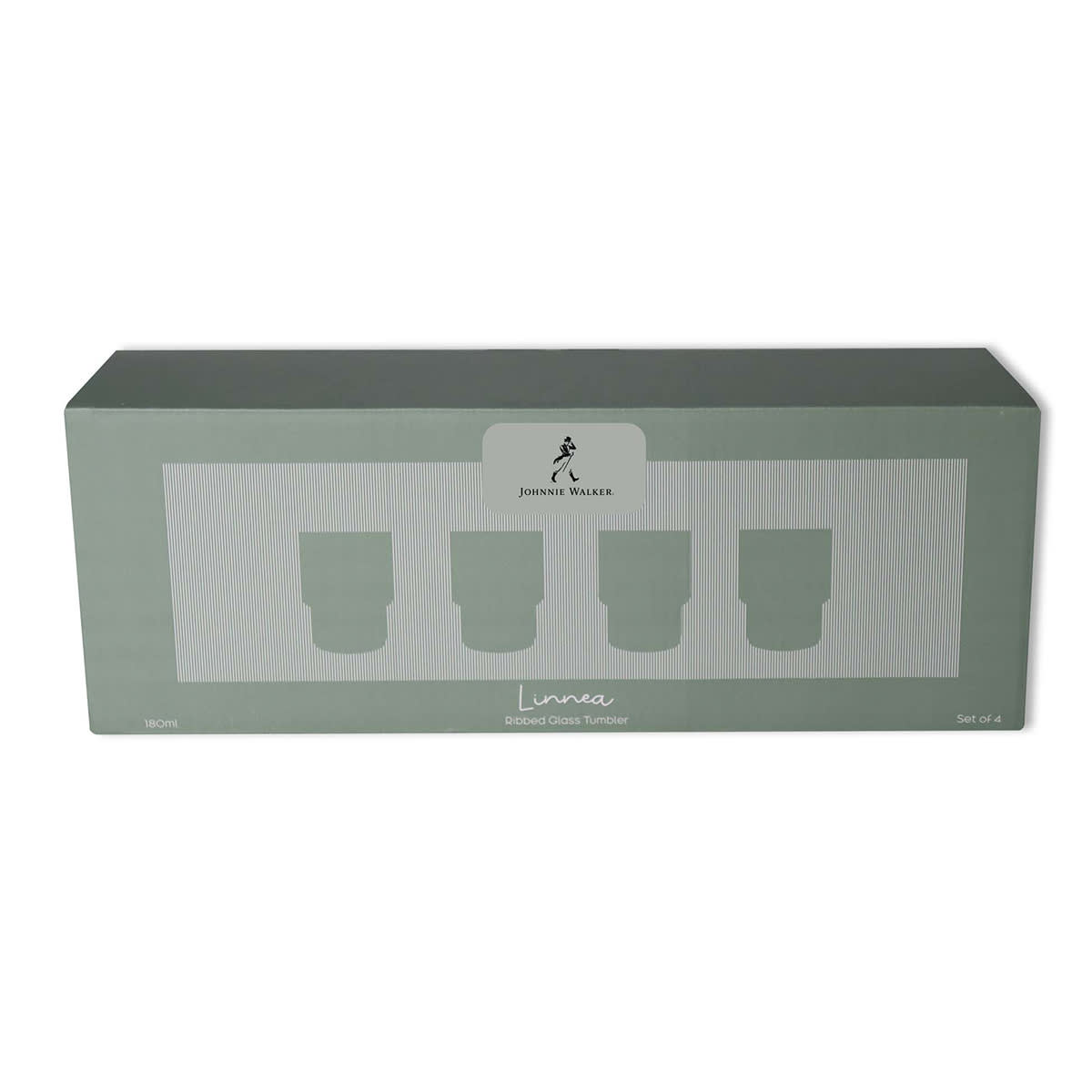 A box containing four ribbed glass tumblers in soft green hues, featuring a logo on the front.