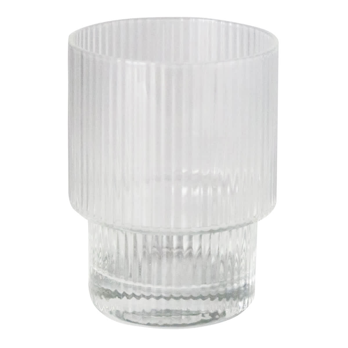 A ribbed clear glass tumbler with a curved base, designed for beverages, featuring a subtle logo.