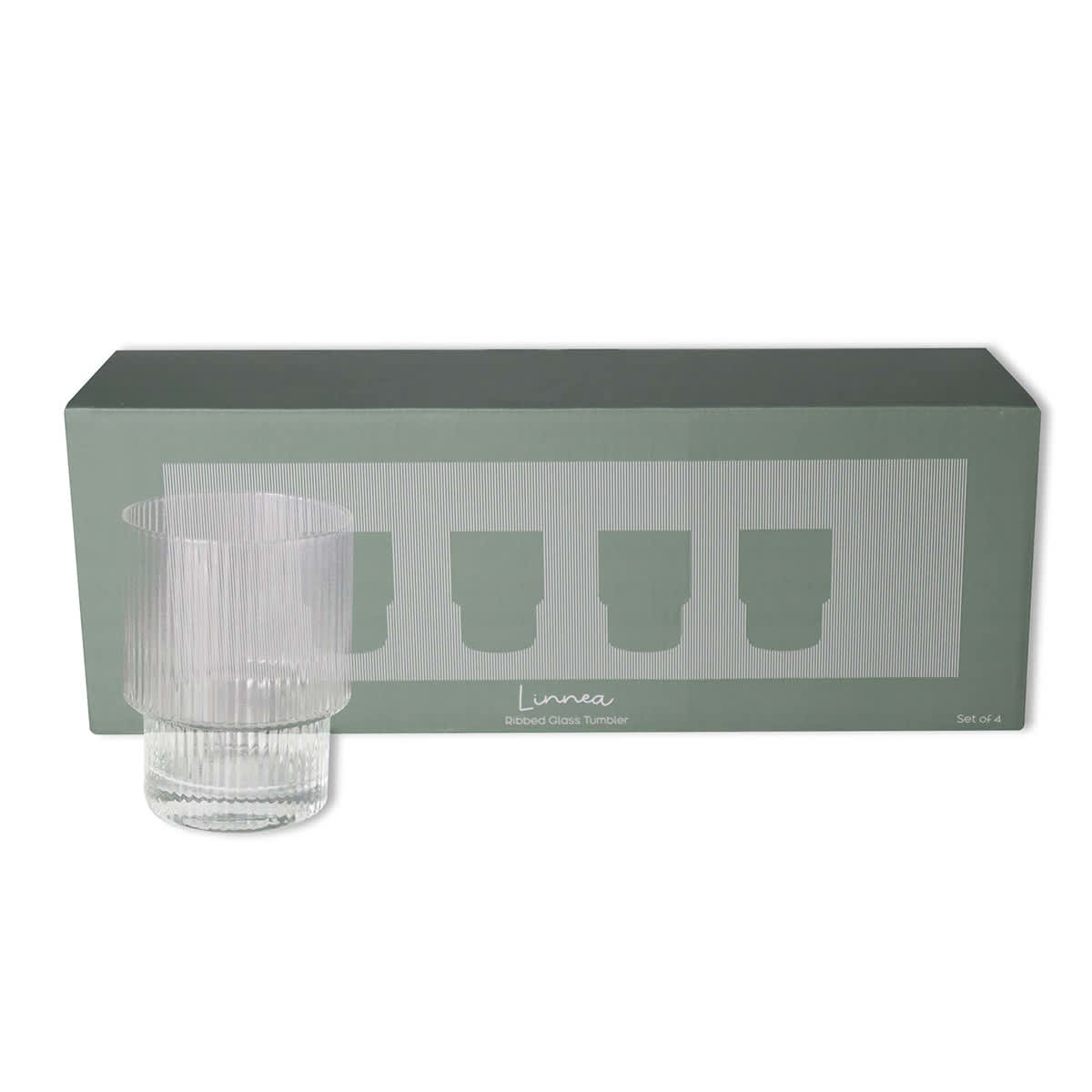 A clear ribbed glass tumbler from the Linnea collection, accompanied by a box for a set of four.