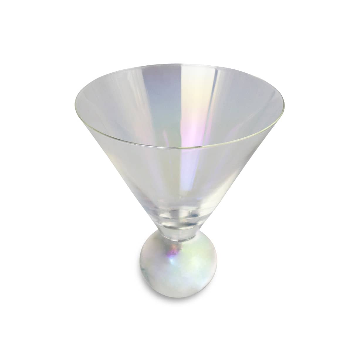 Iridescent martini glass with a wide cone shape and a rounded base, featuring shimmering colours in a transparent finish.