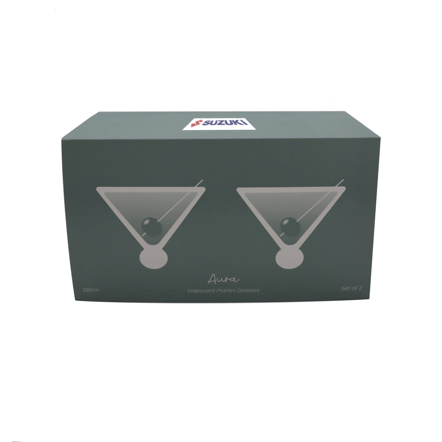 A green box containing a set of two iridescent martini glasses, showcasing a sleek design and elegant shape.