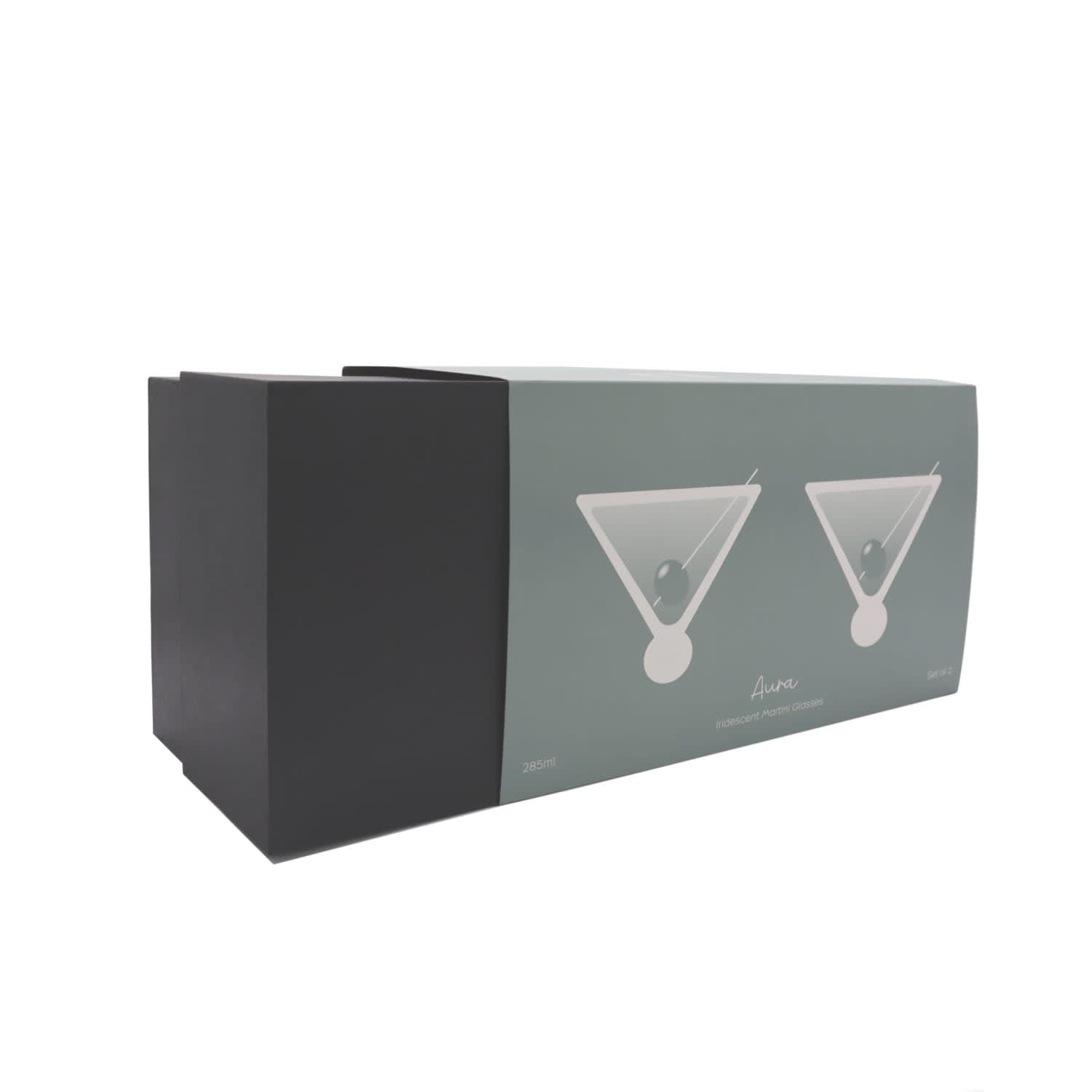 A box containing two iridescent martini glasses, featuring a modern design with a subtle shimmer.