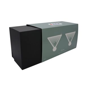 A boxed set of iridescent martini glasses, featuring a sleek design and a modern colour scheme.
