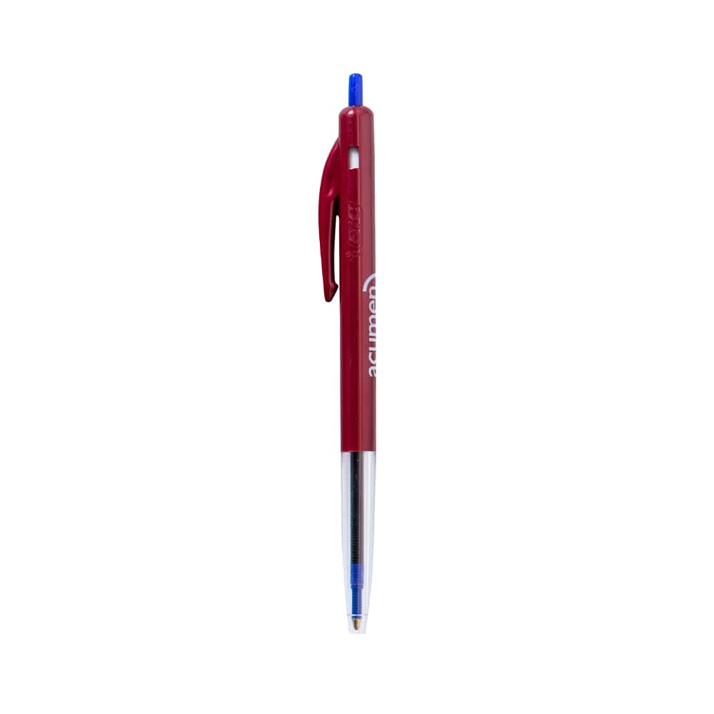 A red plastic pen with a blue writing tip and a visible logo on the barrel.
