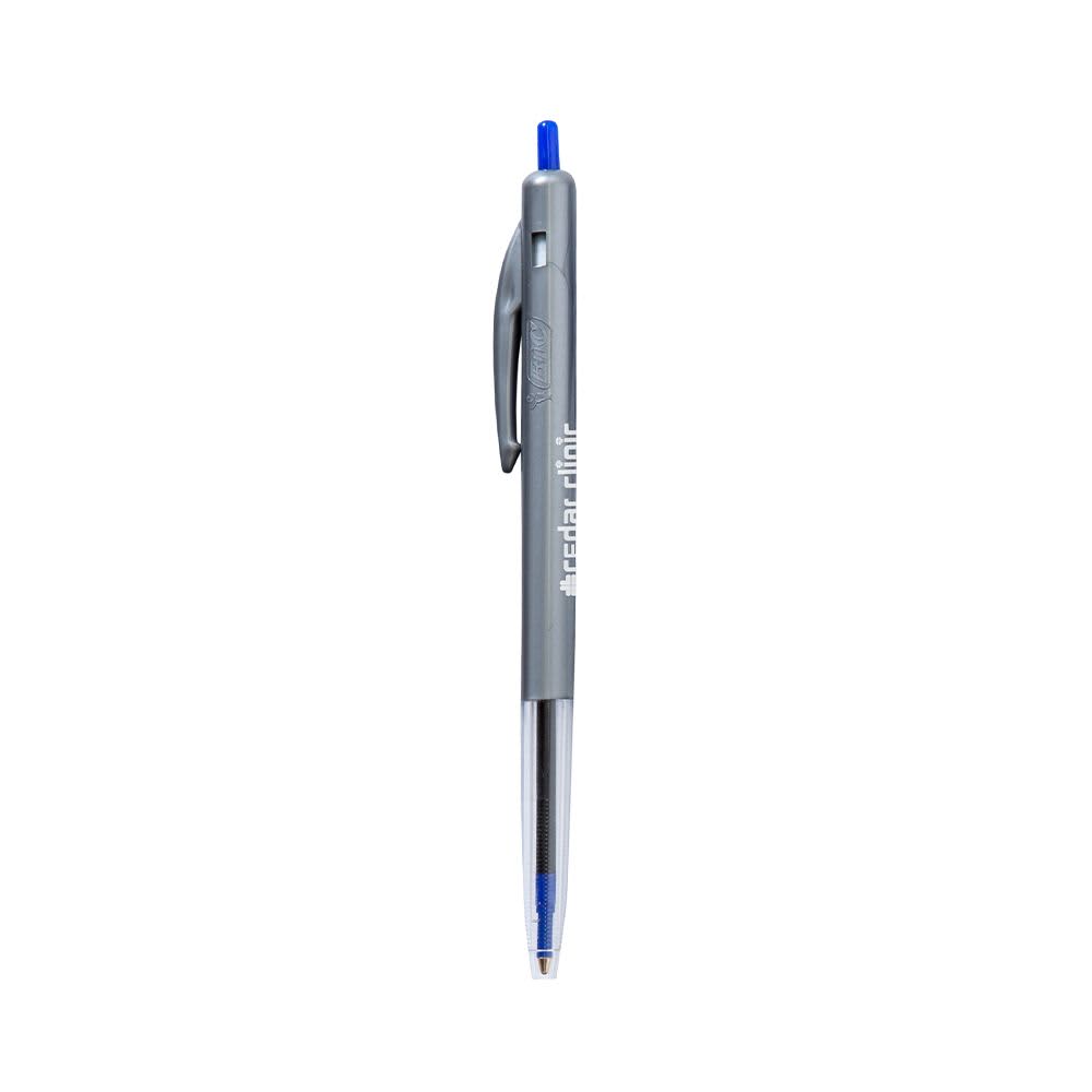 A grey plastic pen with a blue ink tip and a logo on the side.