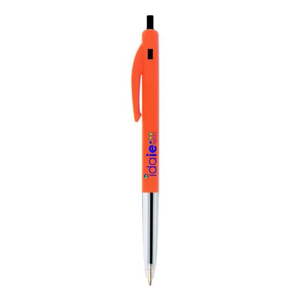 An orange plastic pen with a shiny silver clip and a branding logo on the barrel.