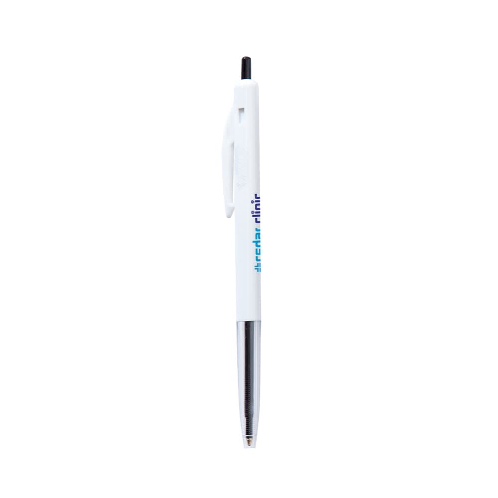 A white plastic pen with a black ink cartridge and a clip, featuring a logo on the side.