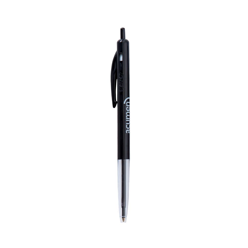 A black plastic pen with a silver clip, featuring a logo on the barrel.