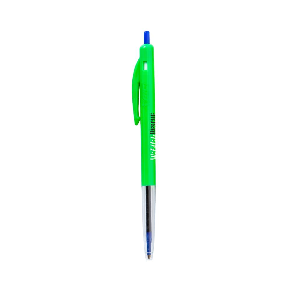 A green plastic pen with a blue ink tip and a clip. The pen features a logo.