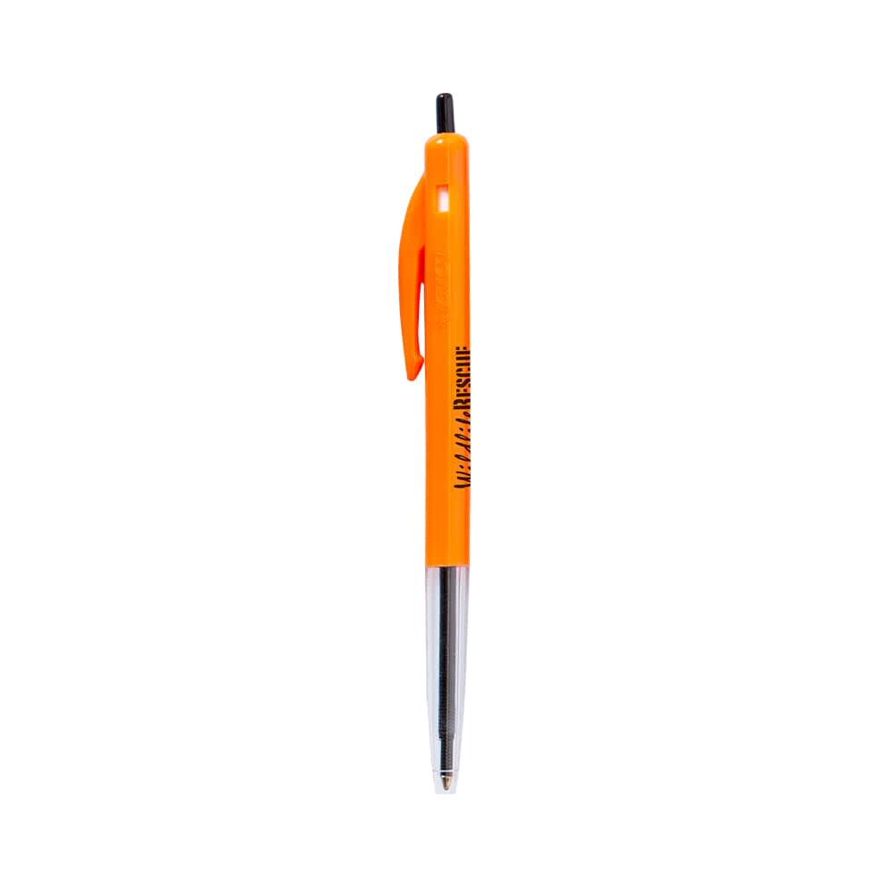 An orange plastic pen with a black tip and a clip, featuring a logo on its side.