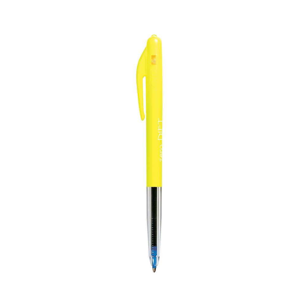 A bright yellow Clic Pen with a transparent barrel and a blue ink refill, featuring a logo.
