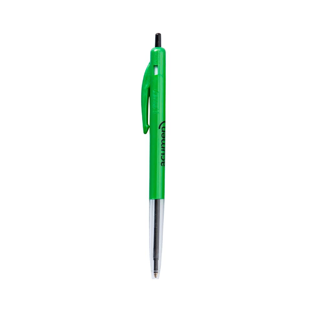 A green plastic pen with a retractable mechanism and a clip, featuring a logo on the barrel.