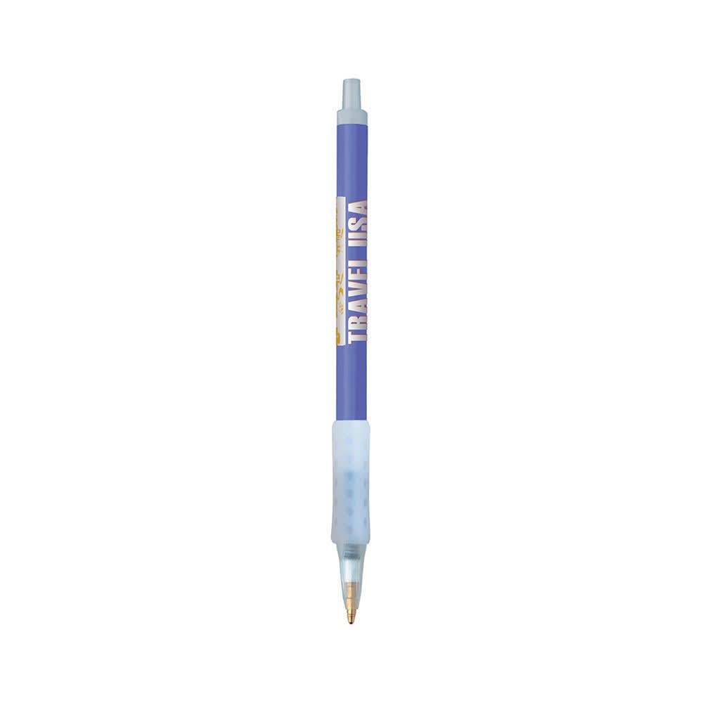 A blue plastic pen with a textured grip and a clip. It features a logo and has a smooth writing tip.