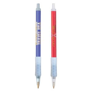 Two plastic pens feature a blue pen with a light blue grip and a red pen with a similar grip. Both have branding.