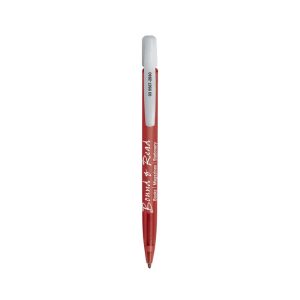 A red plastic pen with a white cap and a logo. It features a smooth, streamlined design.