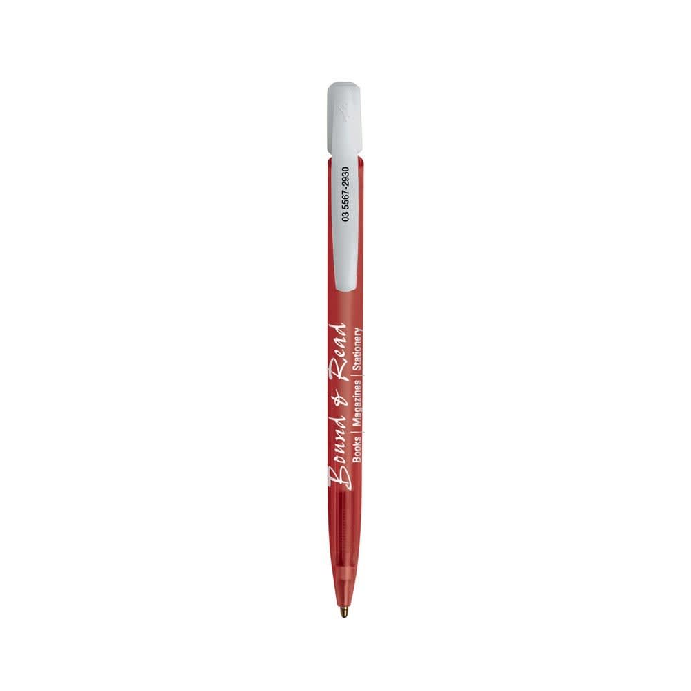 A red plastic pen with a white cap and a logo. It features a smooth, streamlined design.