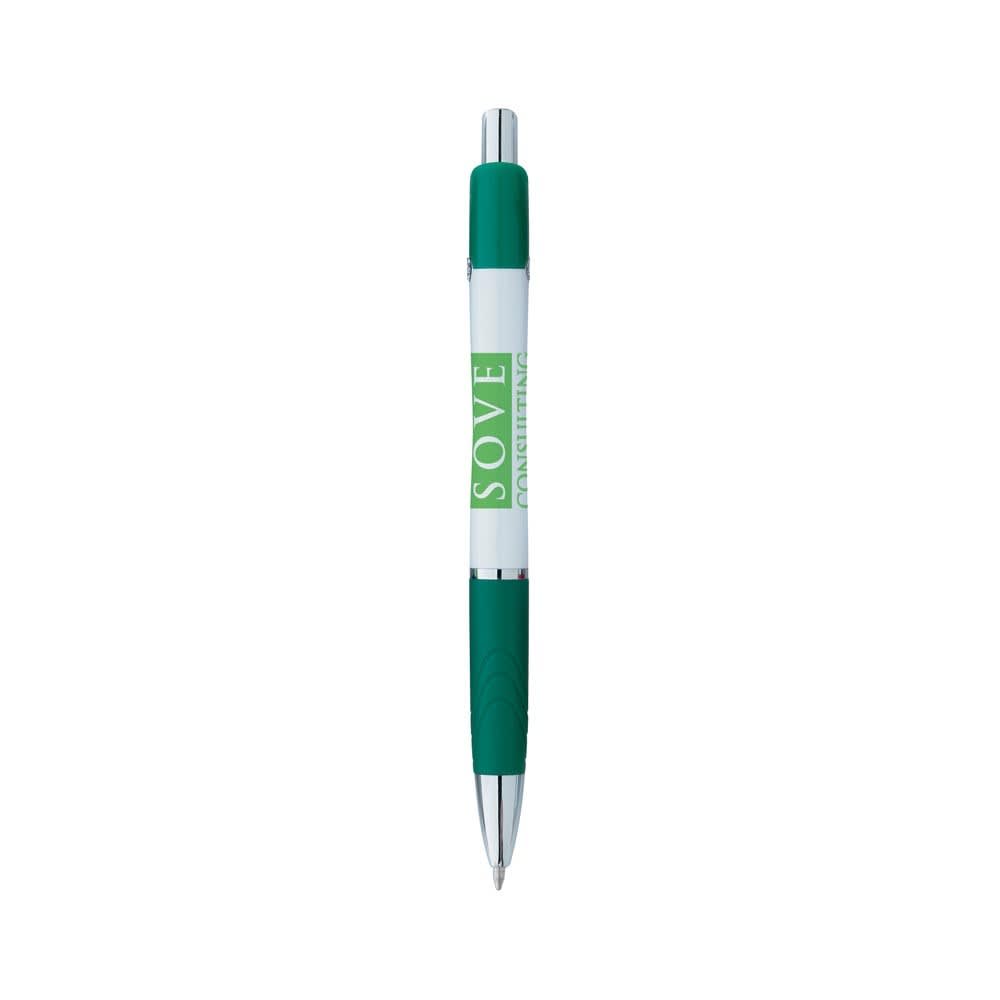 A green and white promotional pen with a branding logo on the barrel.