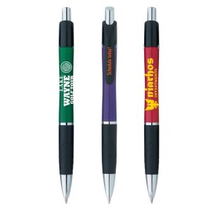 Three pens in green, purple, and red, featuring distinct branding and black grips, arranged horizontally.