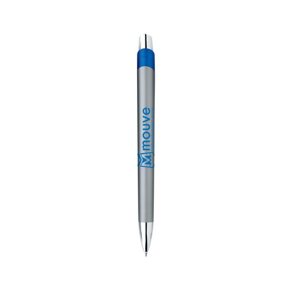 A metal pen with a silver body and a blue top, featuring a logo.