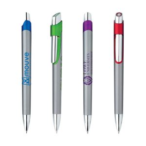 Four metal pens in silver and various colours with clips, featuring different logos.