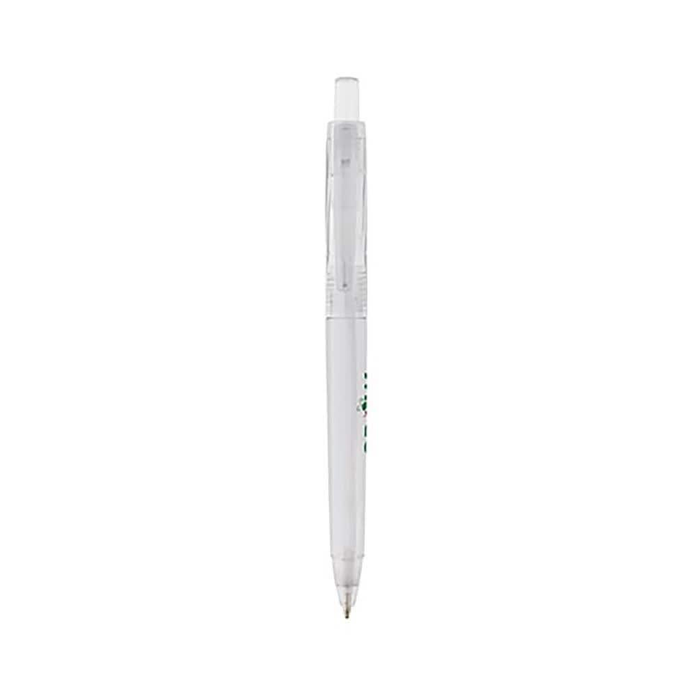 A mechanical pencil in clear plastic with a silver tip and a branding logo on the barrel.