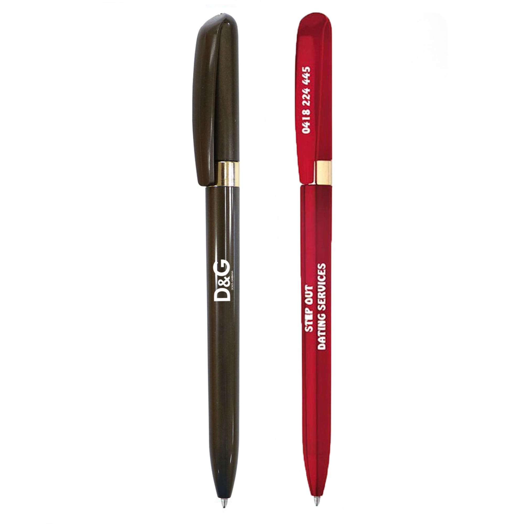 Two metal pens are displayed: one in dark green with a logo and the other in bright red with text.