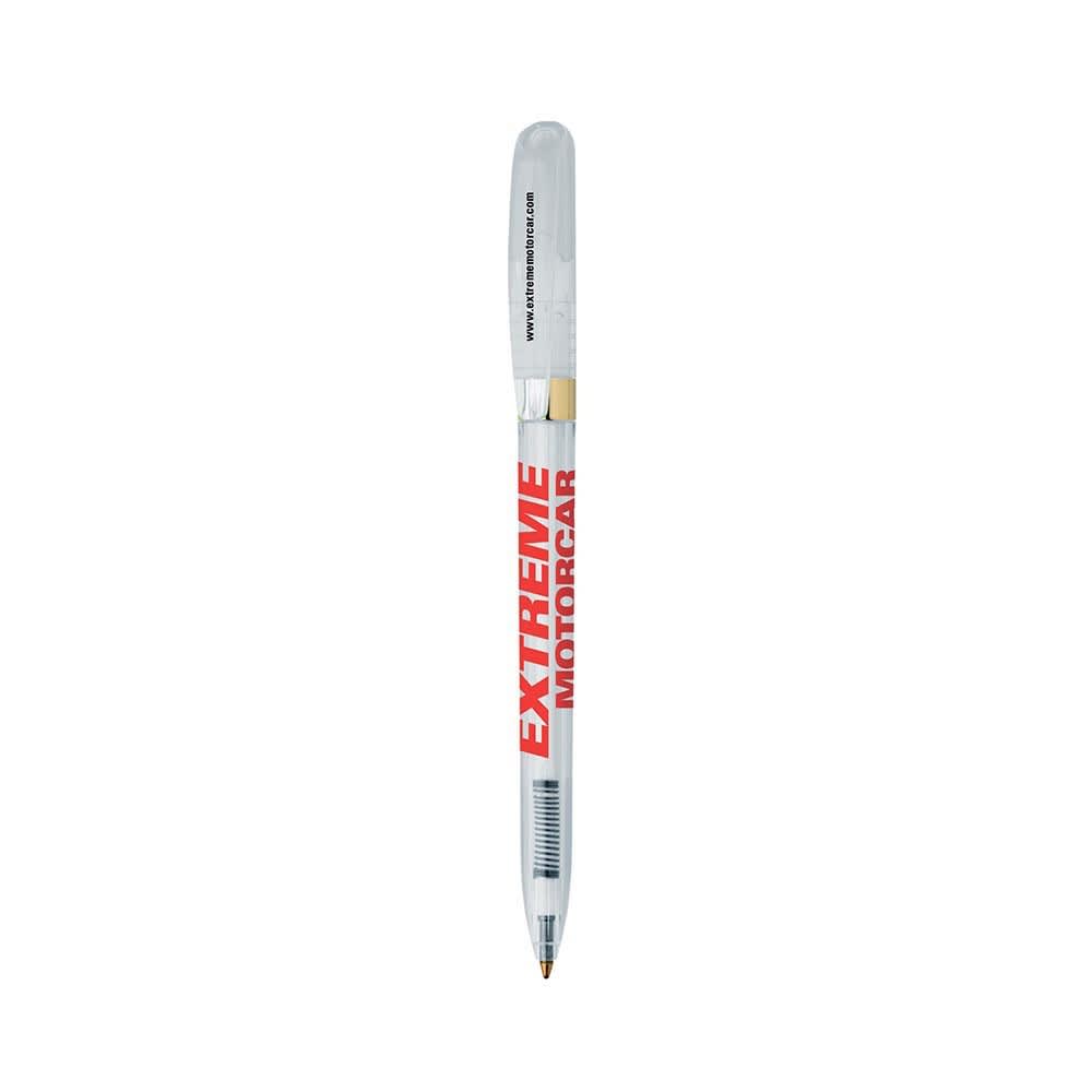 A clear metal pen with a gold tip and an attached transparent cap, featuring a logo in red.