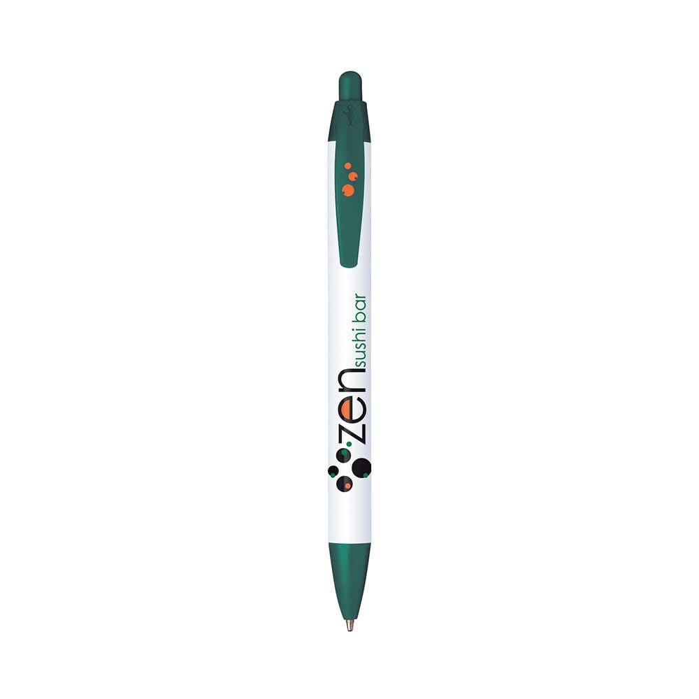 A widebody custom pen featuring a white barrel with green accents and a logo.