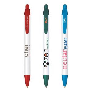 Three widebody custom pens in red, green, and blue, featuring branding on each pen and a white barrel.