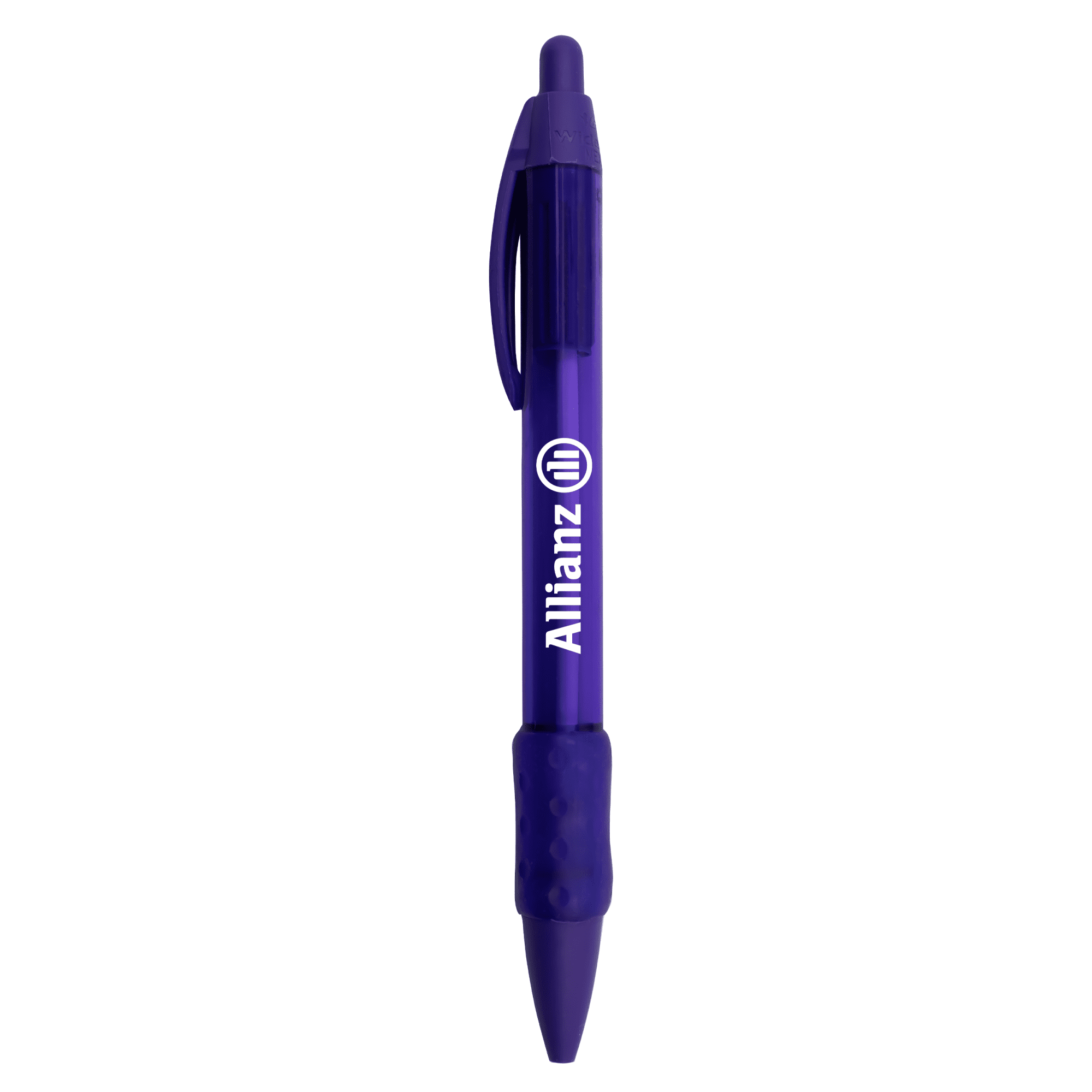 A purple plastic pen with a textured grip and a logo on the barrel.