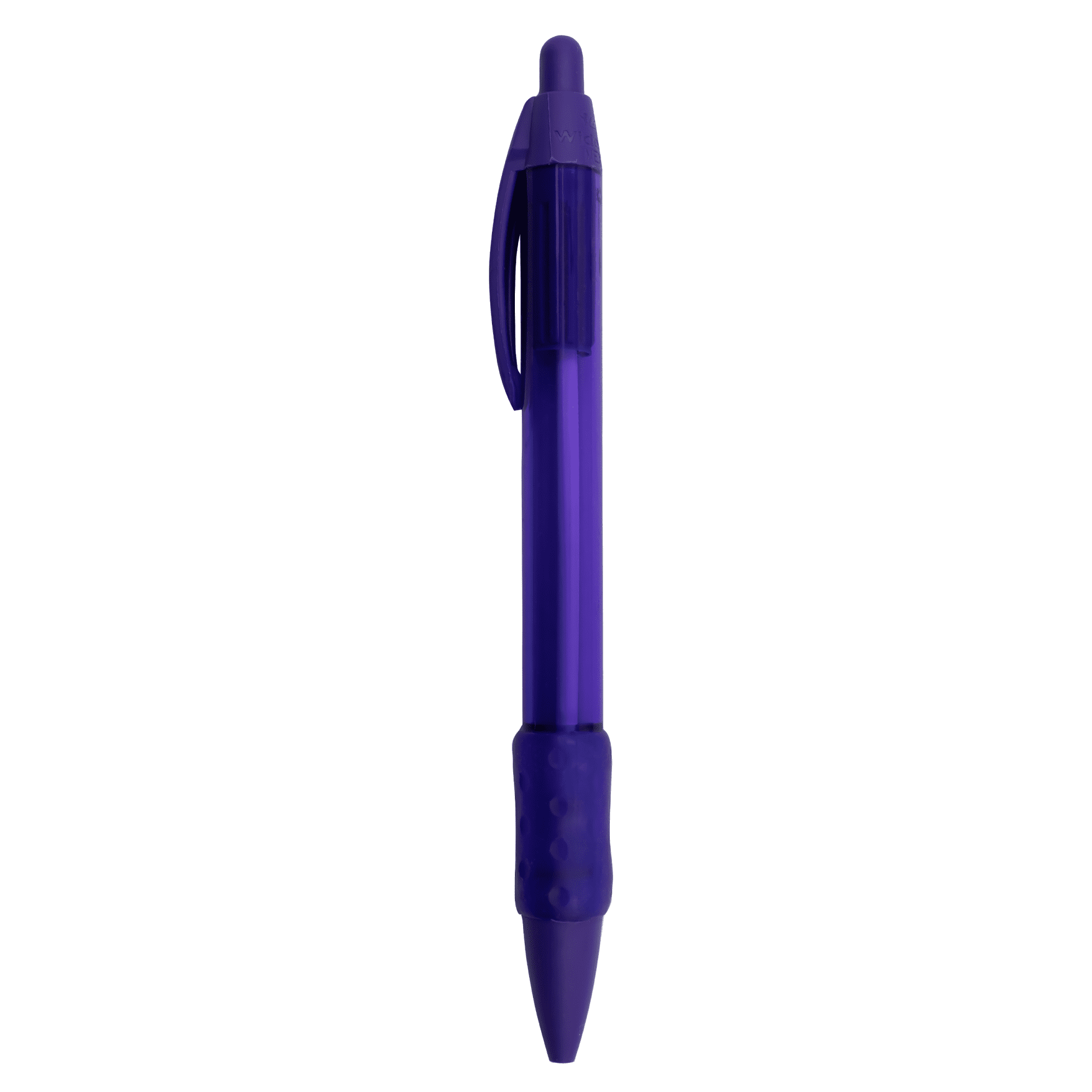 A purple plastic pen with a contoured grip and a clip. It features a logo on the barrel.
