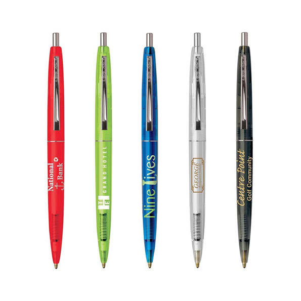 A collection of five plastic pens in red, green, blue, silver, and black, each featuring a logo or branding.