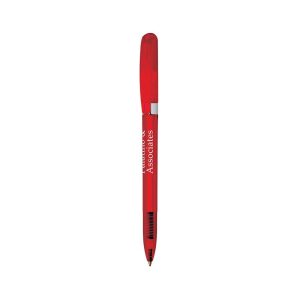 A red metal pen with a clear chrome grip and a clip, featuring branding on its body.