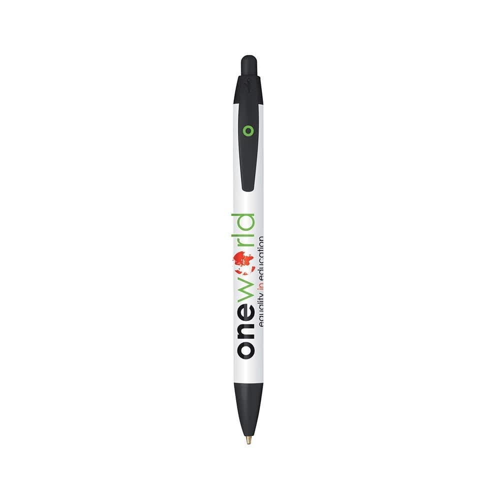 A pen featuring a white barrel with green and black accents. It has a logo on the side and a black tip.