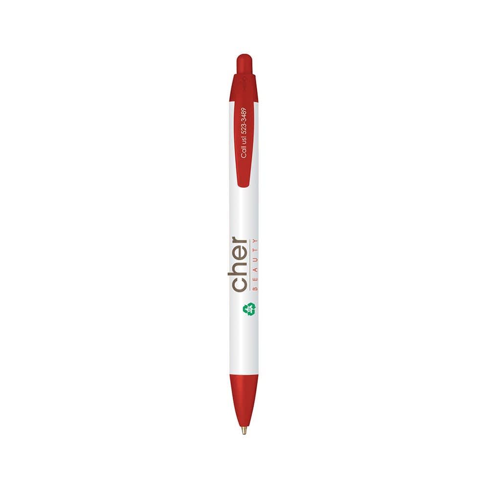 A red and white eco-friendly pen with a logo. It features a sleek design suitable for writing.