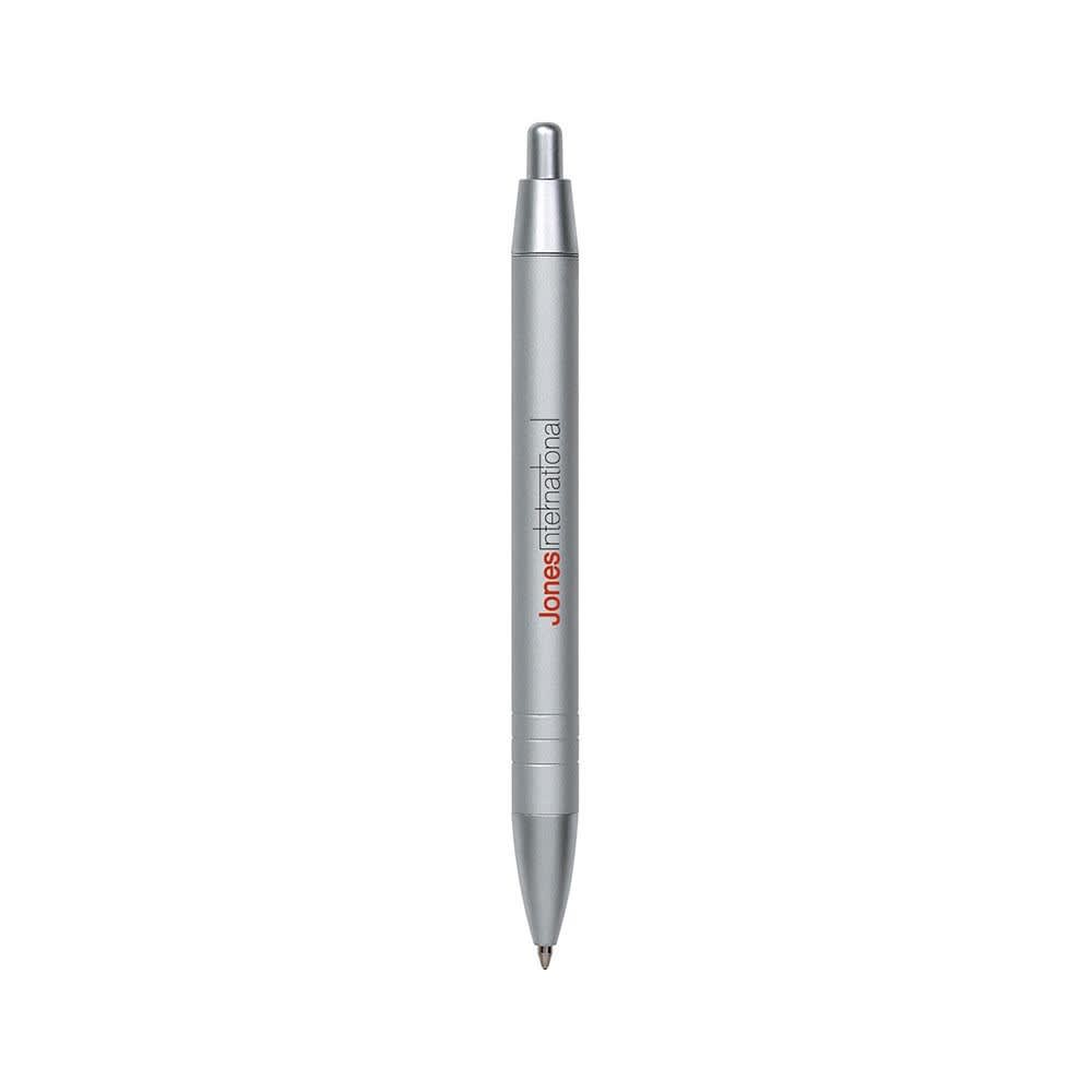 A silver metal pen with a sleek design and a visible logo.