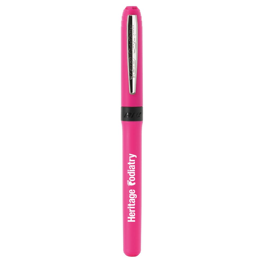 A pink pen with a silver clip and a black band, featuring a brand logo.