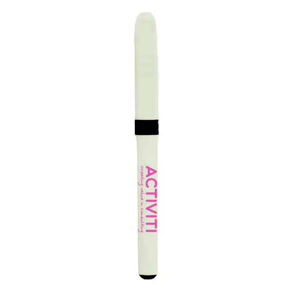 A white GRIP ROLLER 0.7 pen with a black grip and a branding logo on the side.