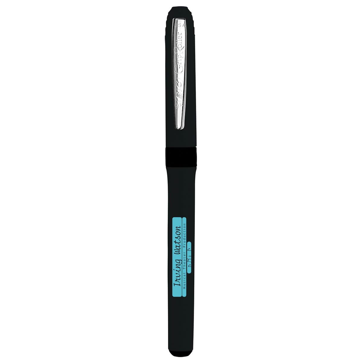 A black pen with a textured grip and a silver nib, featuring branding along the body.