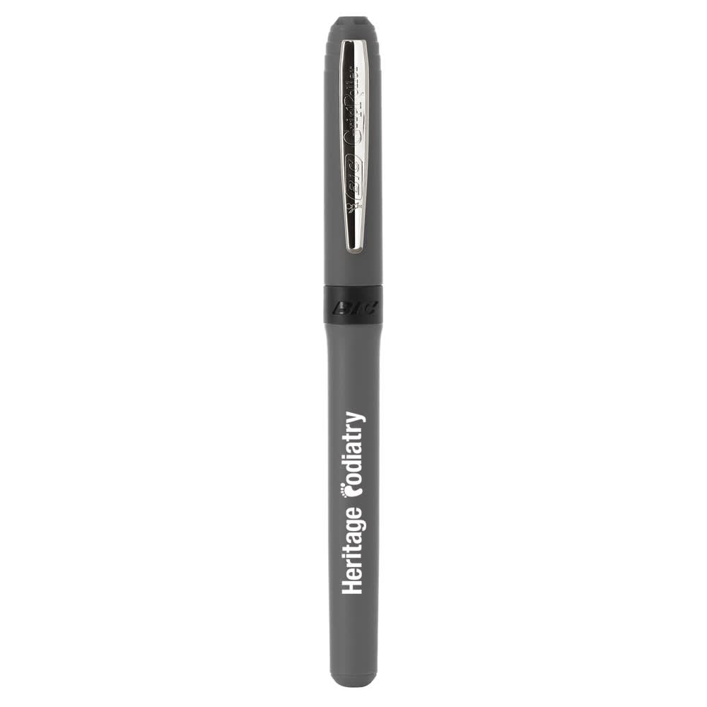 A grey pen with a silver clip, featuring a branding logo on the barrel.