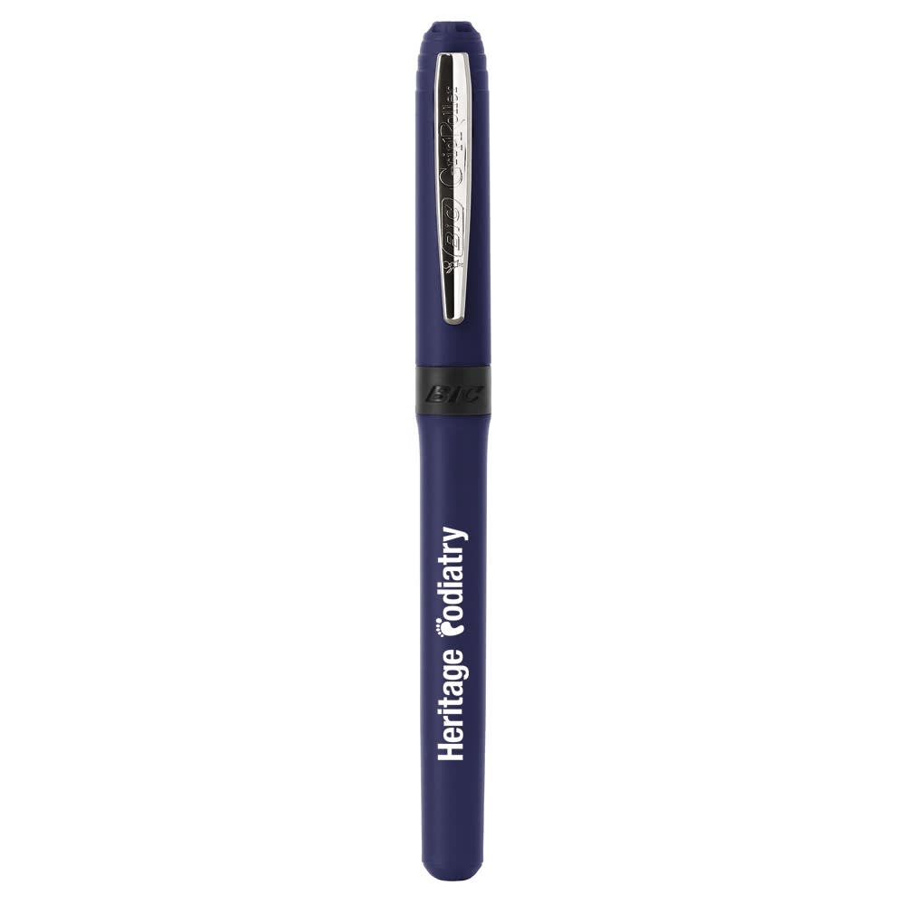 A navy blue pen with a silver clip, featuring a branding logo on the barrel.