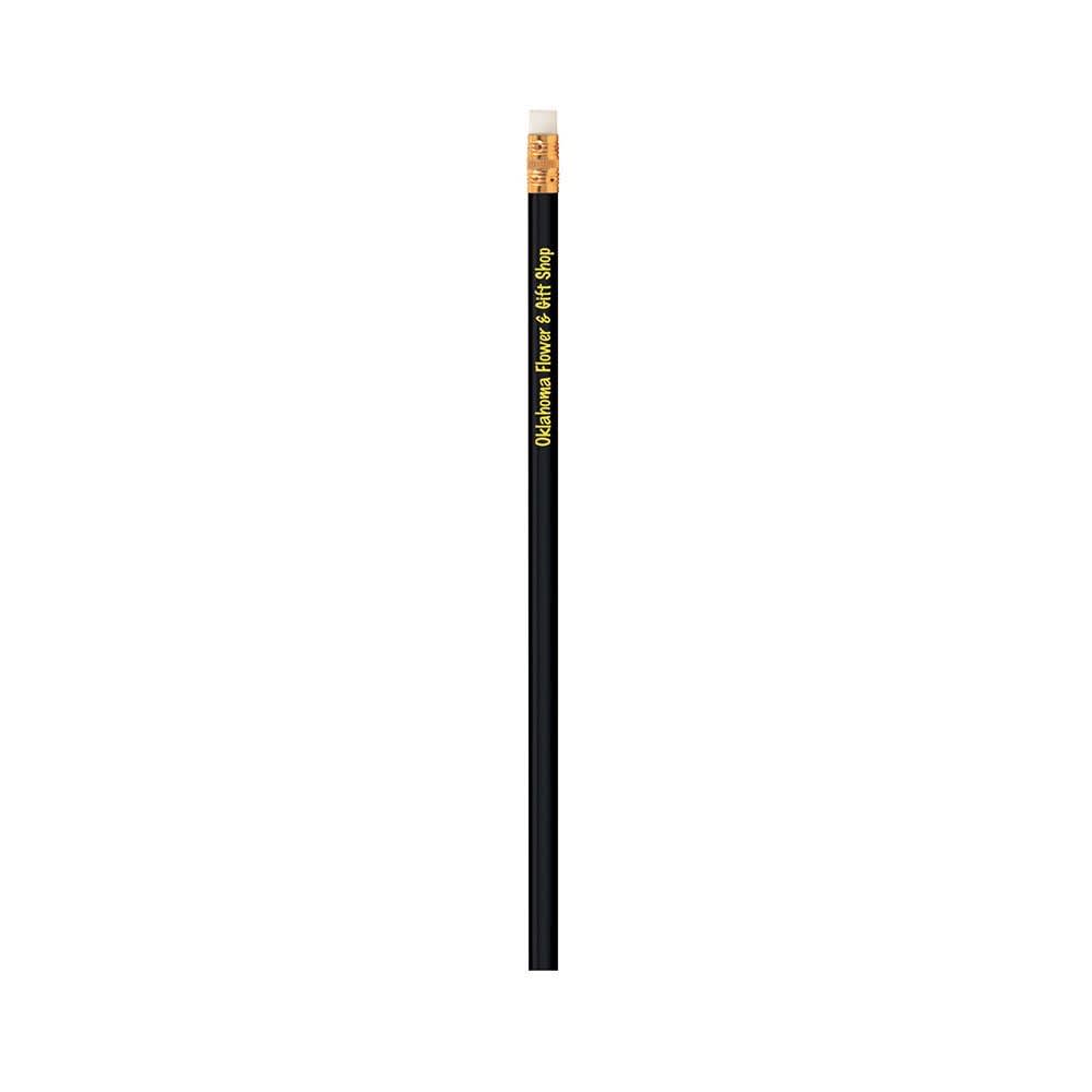 A black grey-lead pencil with an eraser on top, featuring a yellow and black branding.