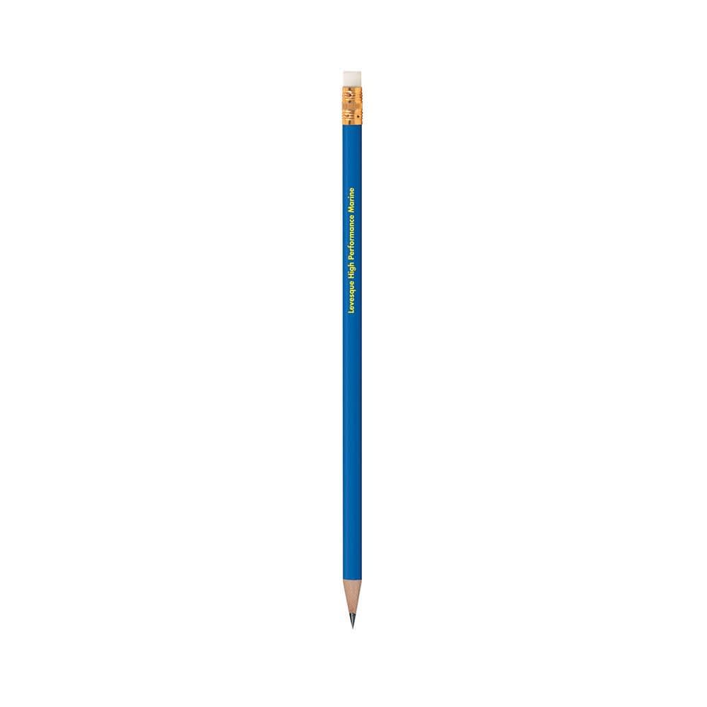 A blue pencil with a yellow eraser and an attached logo, featuring a sharpened grey lead tip.