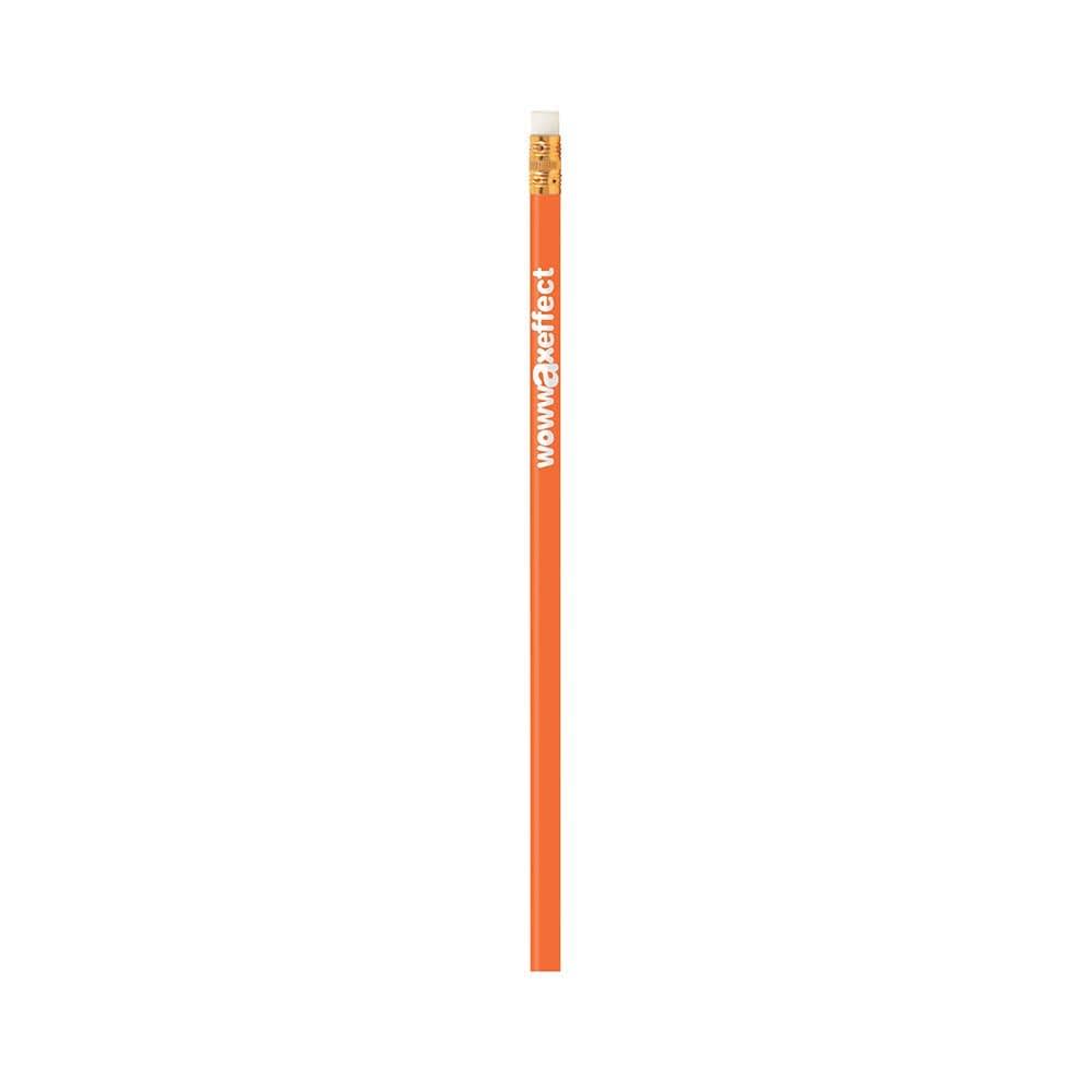 An orange grey-lead pencil with an eraser at the top and a logo near the base.